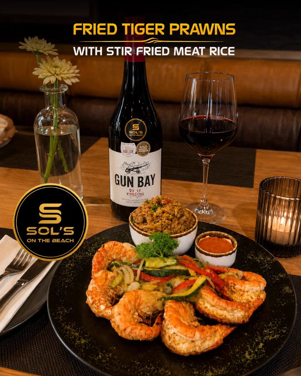 Fried tiger prawns with stir-fried meat rice at Sol's On The Beach