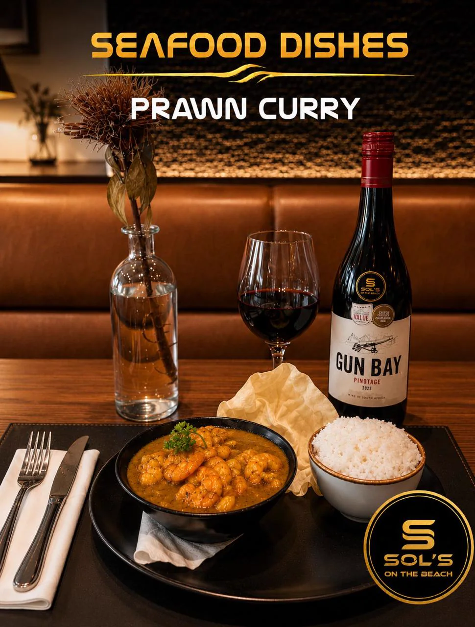 Prawn curry served at Sol's On The Beach