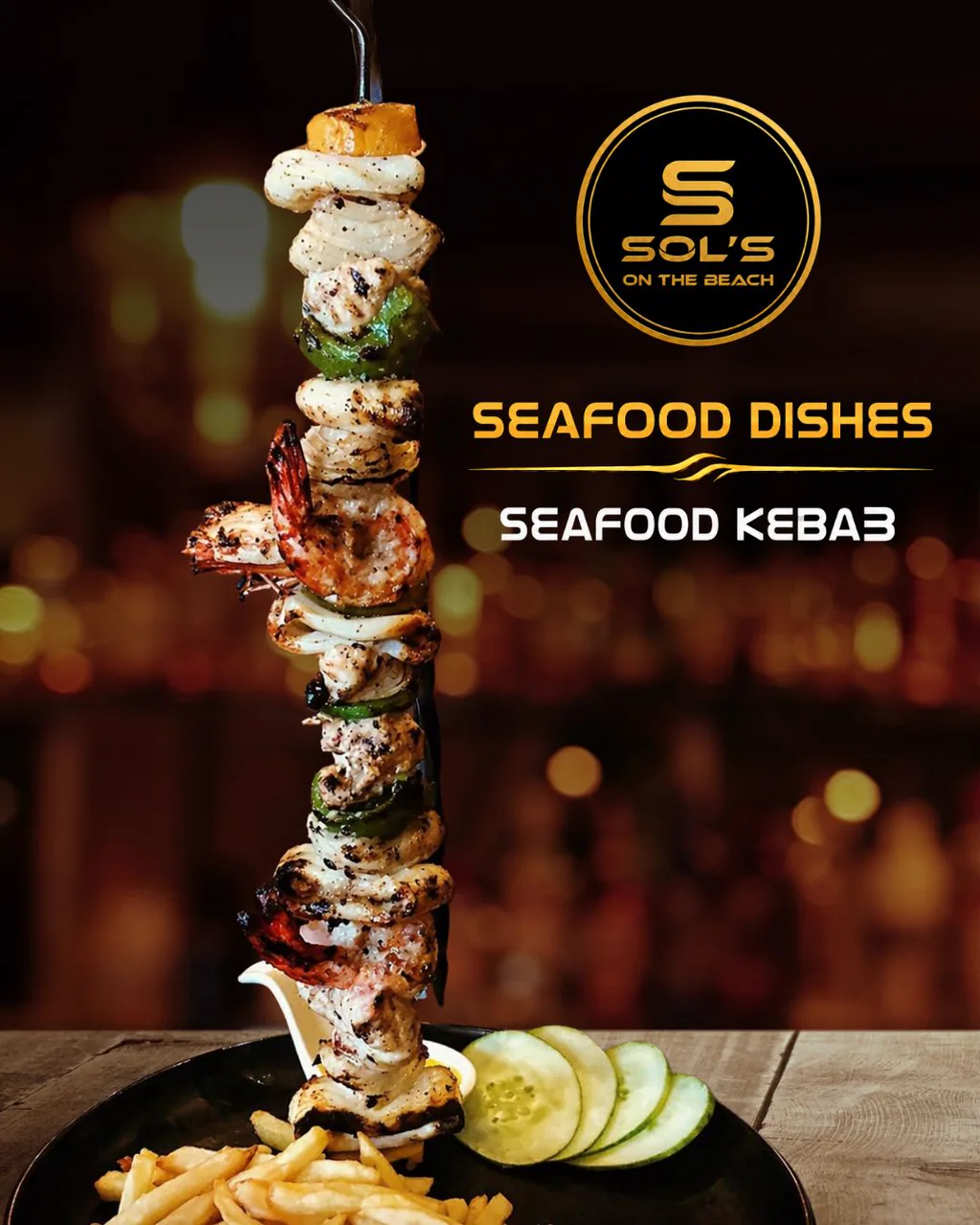 Seafood kebab served at Sol's On The Beach