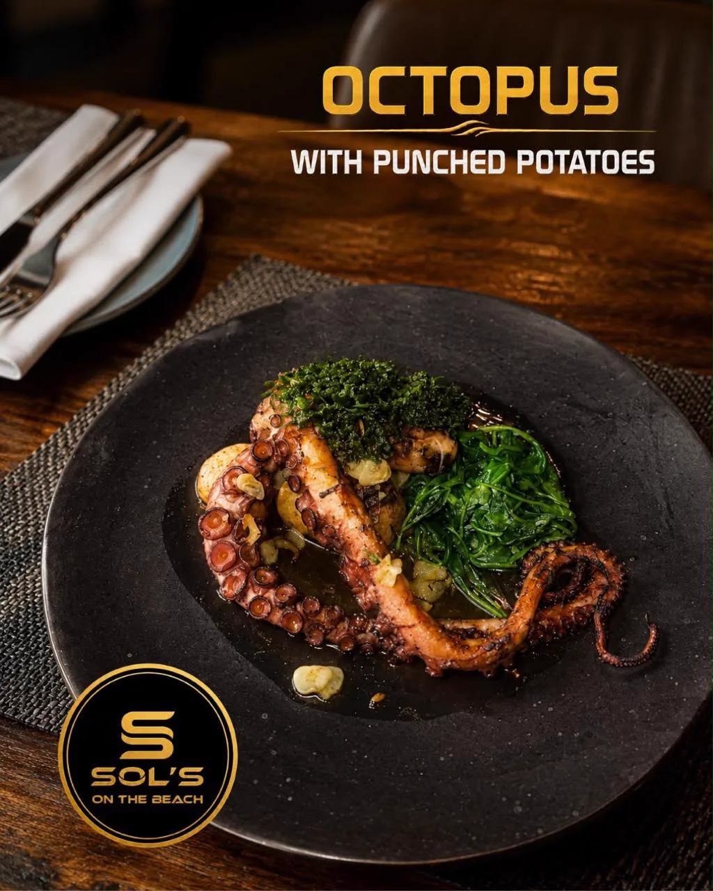 Octopus with punched potatoes at Sol's On The Beach in Strand