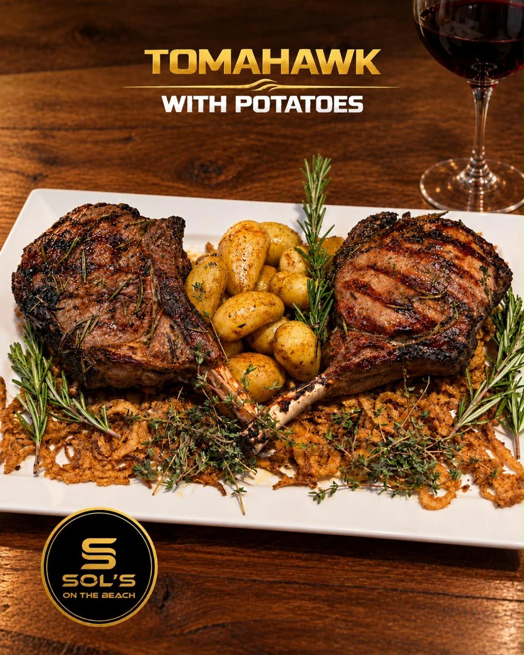 Tomahawk steak with potatoes at Sol's On The Beach in Strand