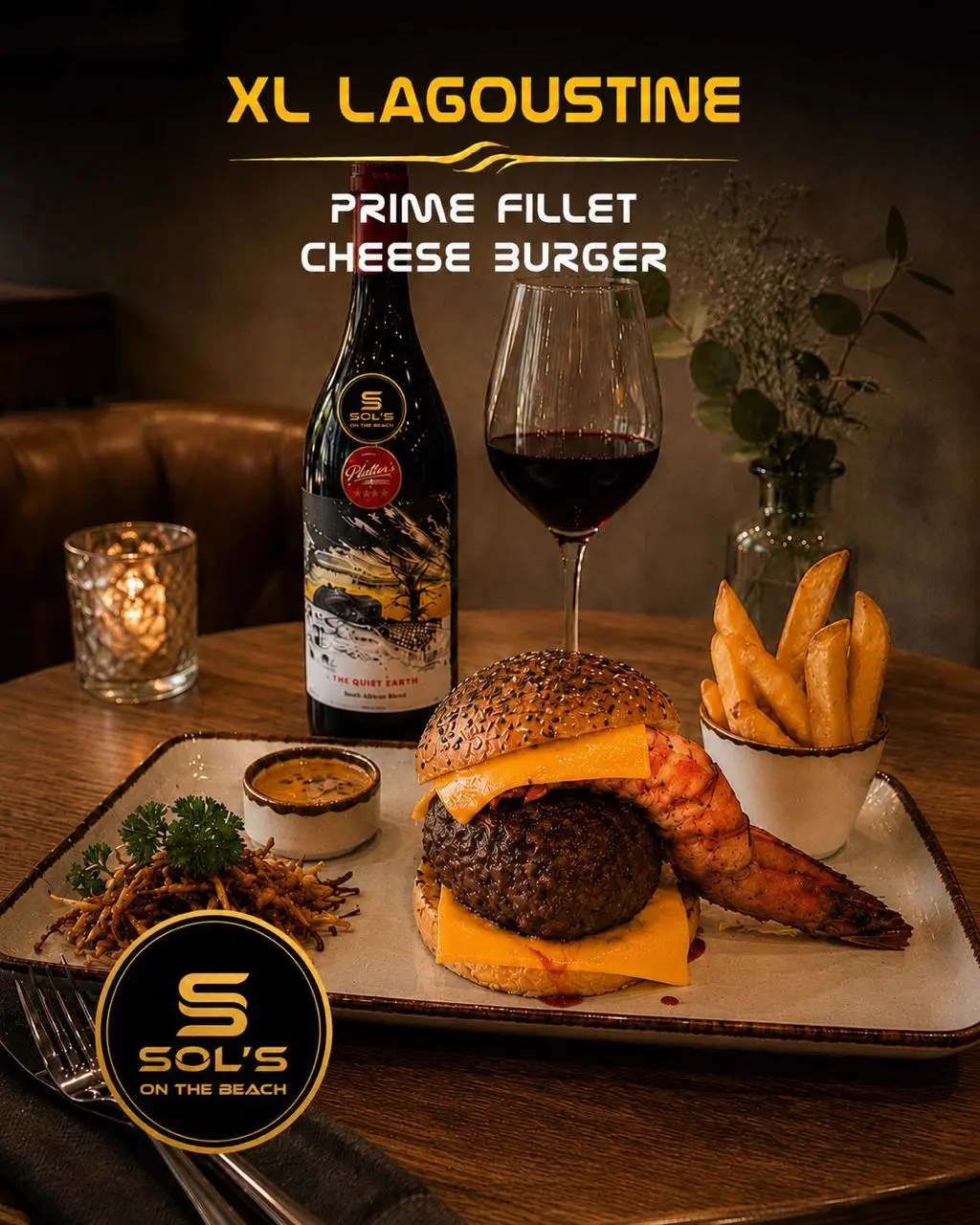XL Langoustine / Prime Fillet Cheese Burger at Sol's On The Beach